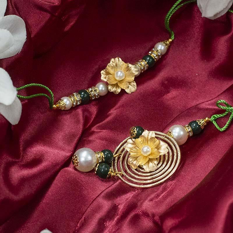 24K Gold Foil Floral Bhaiya Bhabhi Lumba Rakhi-Set Of 2