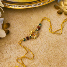 Load image into Gallery viewer, 24K Gold Foil Floral Rudraksh Rakhi
